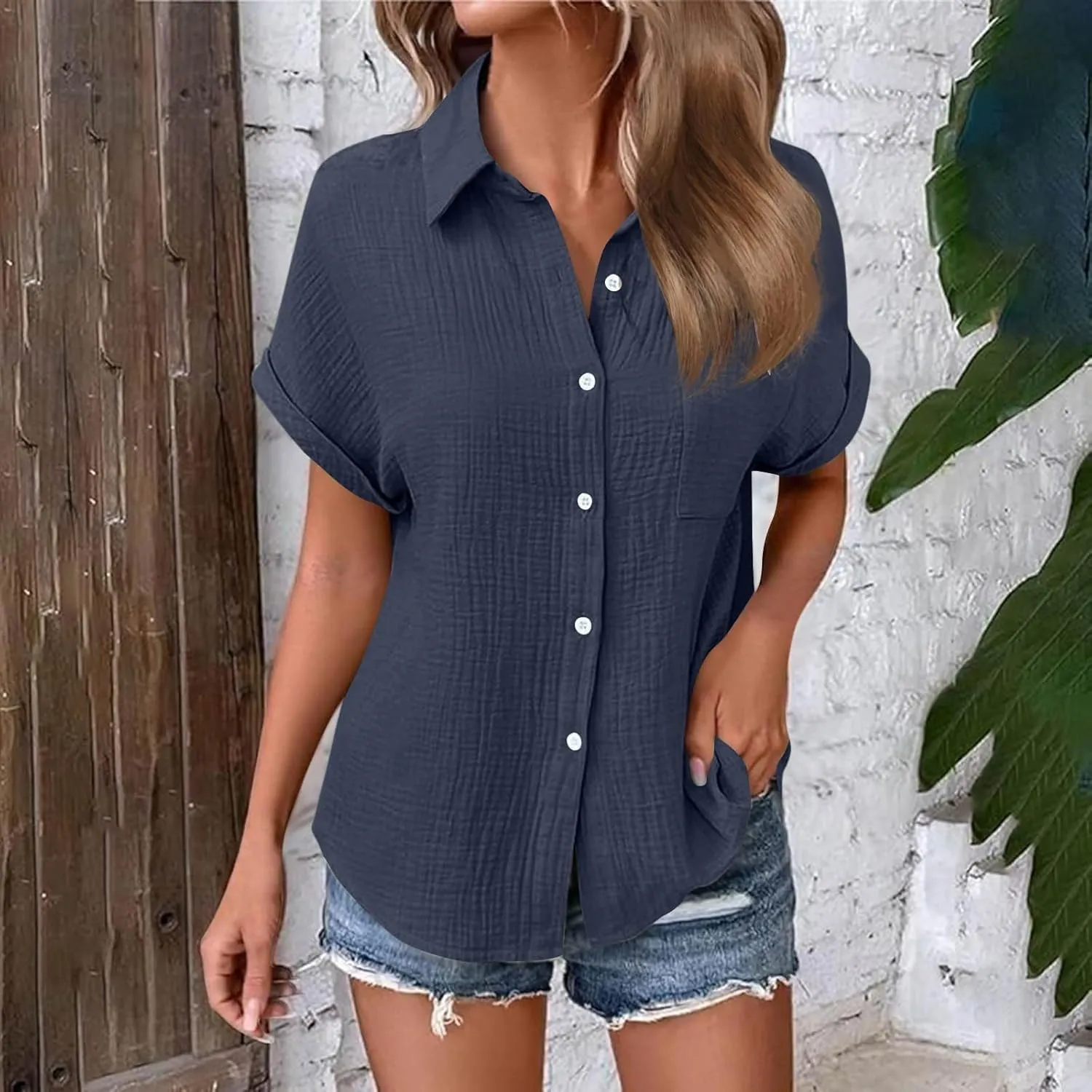 Womens Gauze Shirts Button Down Dress Shirts Casual Short Sleeve Textured Collared Summer Work Blouse Camping Clothes