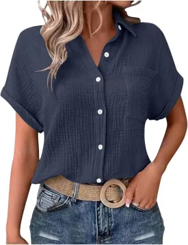 Womens Gauze Shirts Button Down Dress Shirts Casual Short Sleeve Textured Collared Summer Work Blouse Camping Clothes