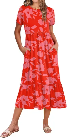 Zeagoo Women Summer Midi A Line Dress Short Sleeve Casual Flowy Tiered Beach Long Sundress with Pockets 2025 Vacation Travel