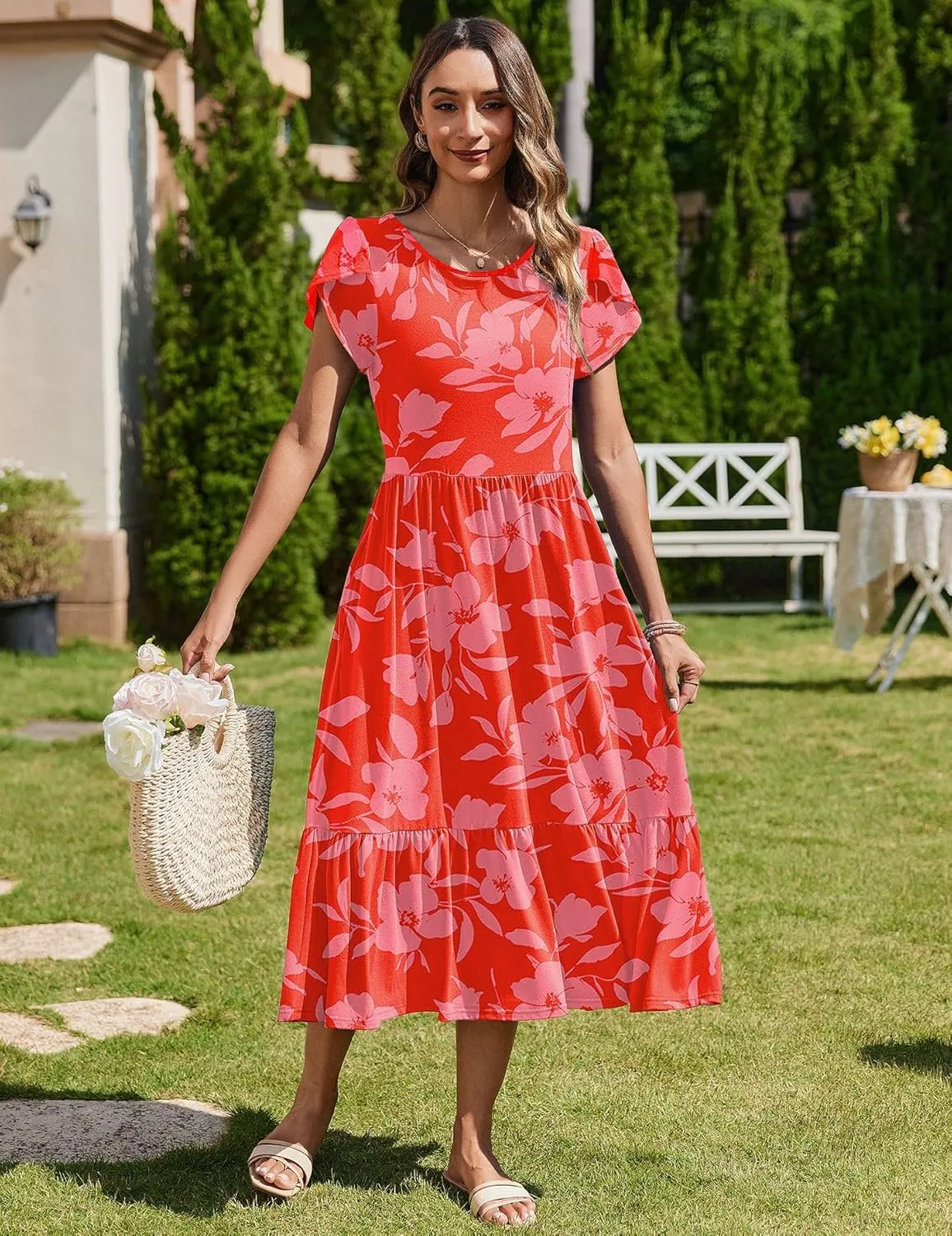 Zeagoo Women Summer Midi A Line Dress Short Sleeve Casual Flowy Tiered Beach Long Sundress with Pockets 2025 Vacation Travel