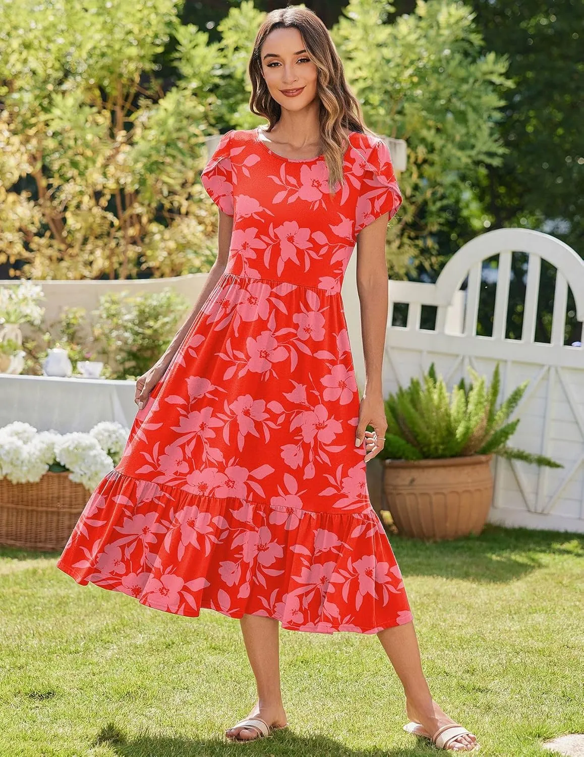 Zeagoo Women Summer Midi A Line Dress Short Sleeve Casual Flowy Tiered Beach Long Sundress with Pockets 2025 Vacation Travel