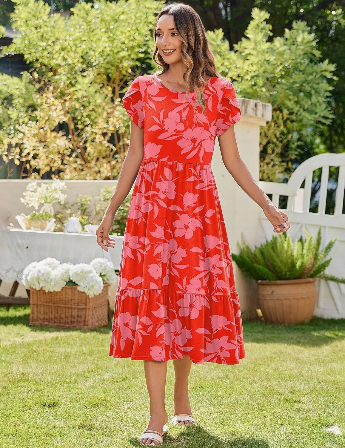 Zeagoo Women Summer Midi A Line Dress Short Sleeve Casual Flowy Tiered Beach Long Sundress with Pockets 2025 Vacation Travel