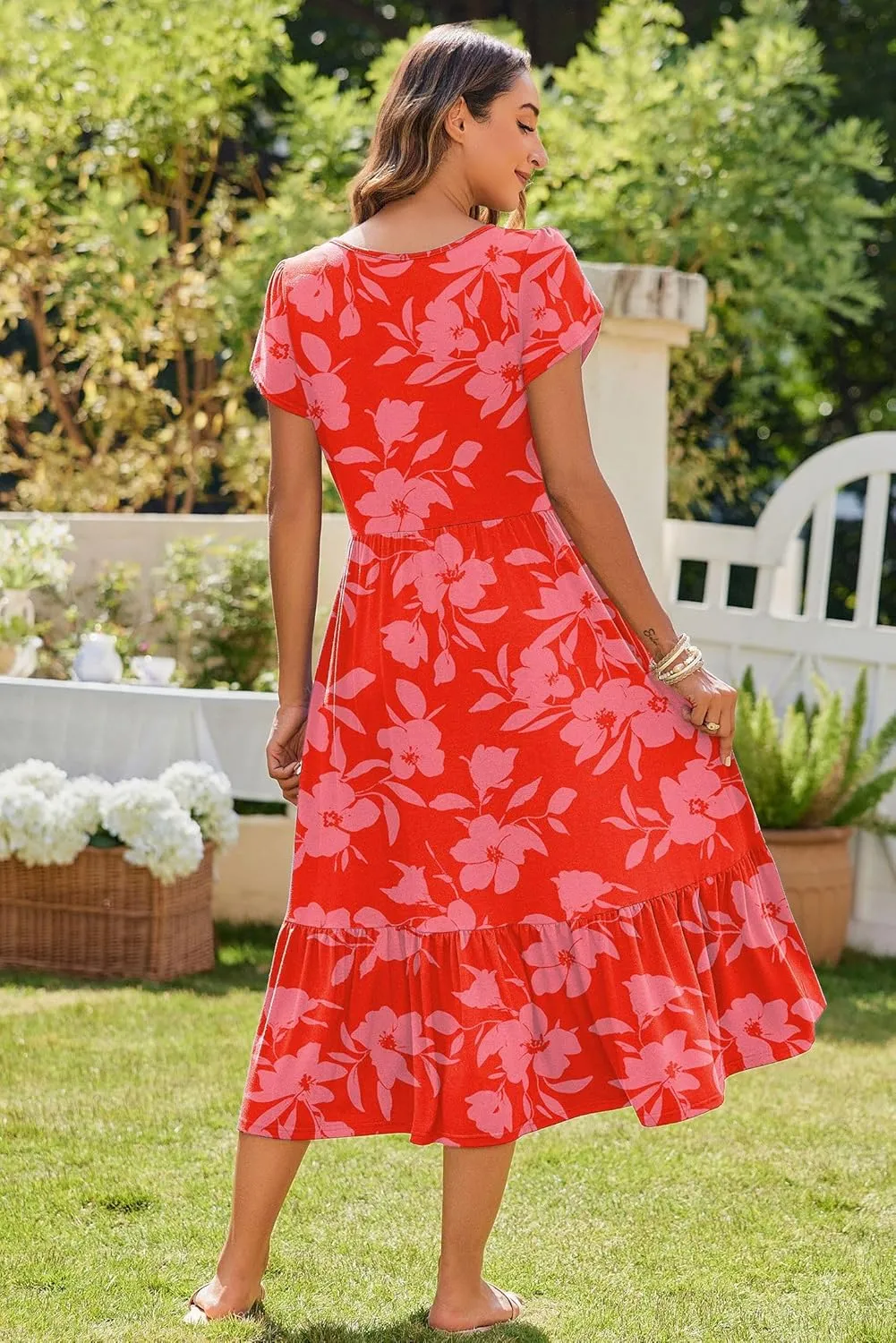 Zeagoo Women Summer Midi A Line Dress Short Sleeve Casual Flowy Tiered Beach Long Sundress with Pockets 2025 Vacation Travel