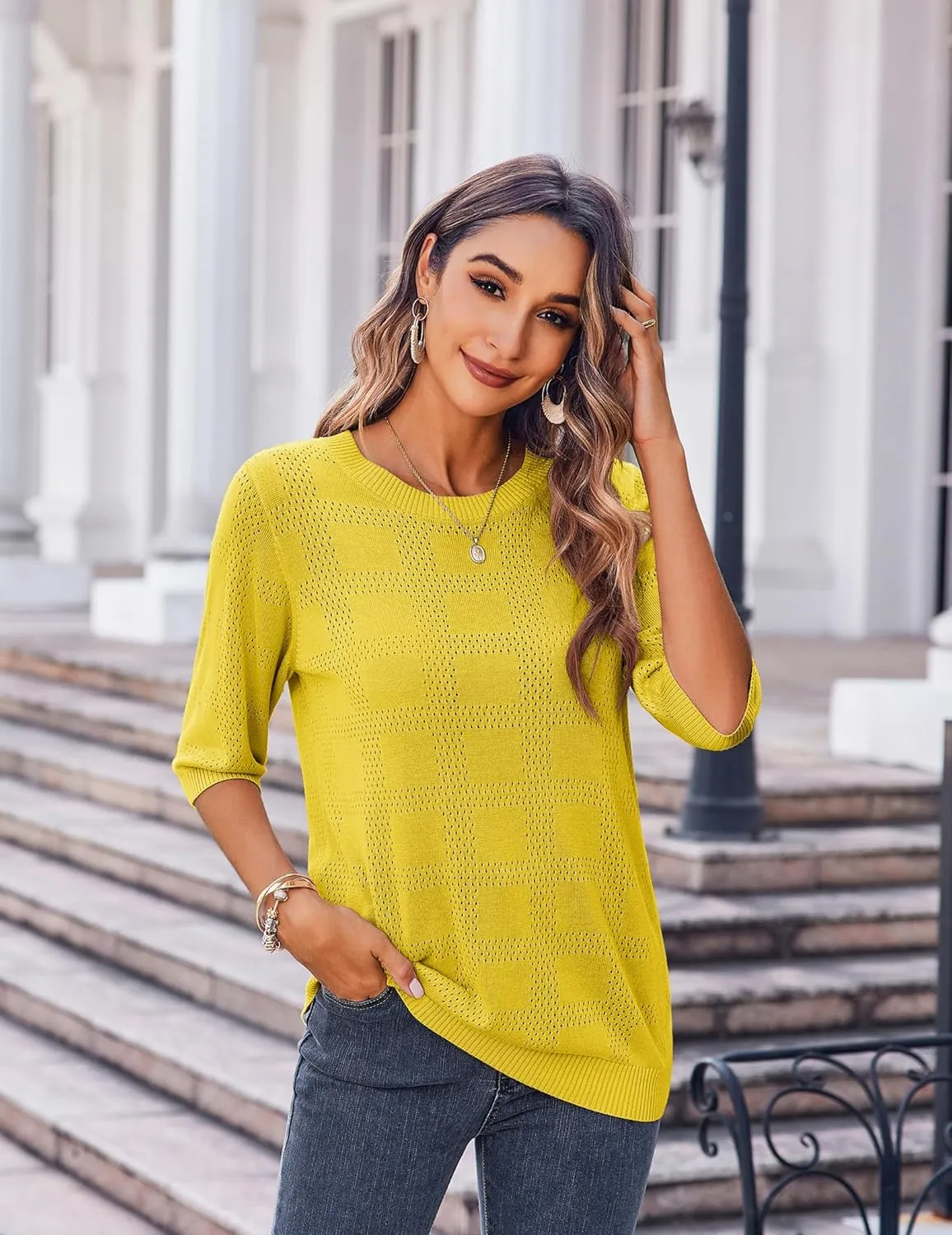 Zeagoo Womens Loose Short Sleeve Tunic Tops Lightweight Crew Neck Crochet Knit Pullover Sweater Blouses