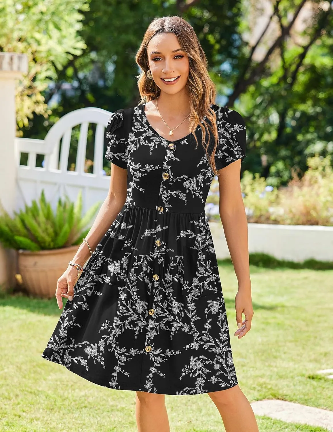 Zeagoo Womens Summer Dress Mini Petal Short Sleeve Dresses Pleated Button Down V Neck Floral Beach Swing Vacation Dress 2025