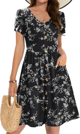 Zeagoo Womens Summer Dress Mini Petal Short Sleeve Dresses Pleated Button Down V Neck Floral Beach Swing Vacation Dress 2025