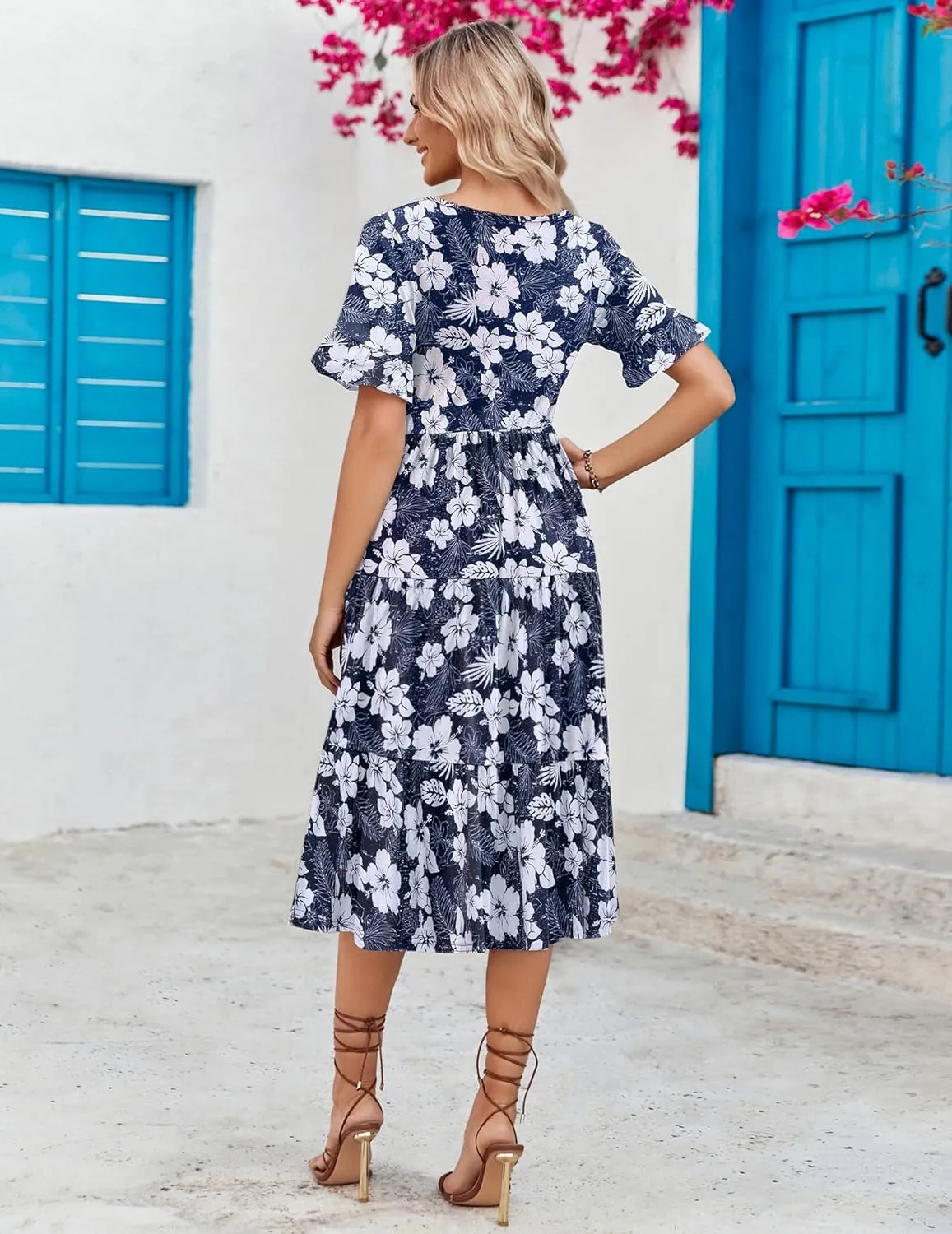Zeagoo Women's Summer Dresses Midi Tiered Casual Dress Floral V Neck Ruffle Short Sleeve Flowy Beach Dress with Pockets