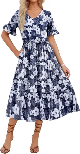 Zeagoo Women's Summer Dresses Midi Tiered Casual Dress Floral V Neck Ruffle Short Sleeve Flowy Beach Dress with Pockets